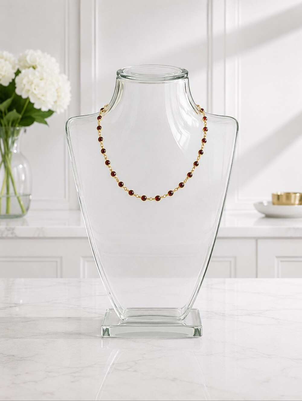 Gold Chain Necklace with Garnet Red Beads - Women Jewelry